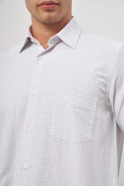 Beyaz Uzun Kol Kareli Desen Bez Ayağı Sert Yaka Cepli Pamuklu Classic Comfort Fit Gömlek 1004245158 - Resim 6