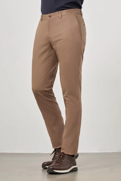 Koyu Bej Pamuklu Yandan Cepli Casual Slim Fit Chino Pantolon 1003245150 - Resim 3