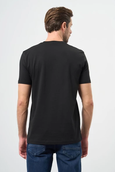 Siyah Kısa Kol Düz Bez Ayağı Bisiklet Yaka Casual Slim Fit Tişört 1011245193 - 5