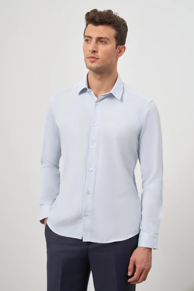 Koyu Mavi Uzun Kol Kendinden Desenli Armürlü 032 Sert Yaka Classic Slim Fit Gömlek 1004245152