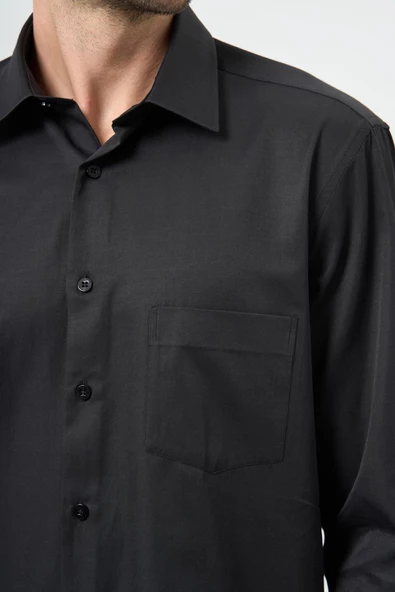 Siyah Uzun Kol Düz Sert Yaka Pamuklu Classic Comfort Fit Gömlek 1004245269 - 4