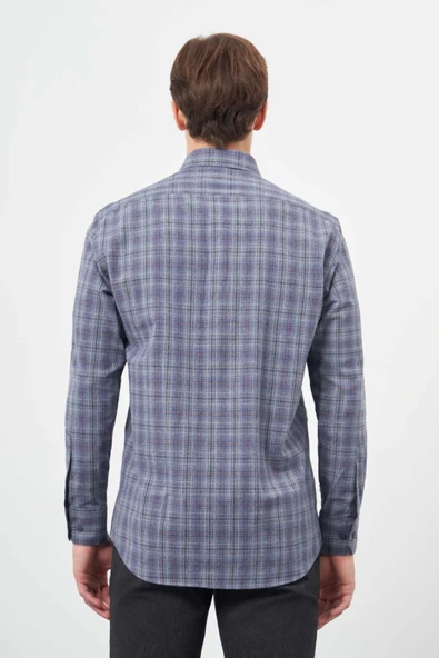 Koyu Lacivert Uzun Kol Ekose Desen Cepli Pamuklu Classic Comfort Fit Gömlek 1004245212 - Resim 5