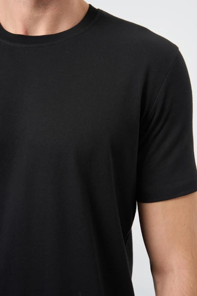 Siyah Kısa Kol Düz Bez Ayağı Bisiklet Yaka Casual Slim Fit Tişört 1011245193 - 4