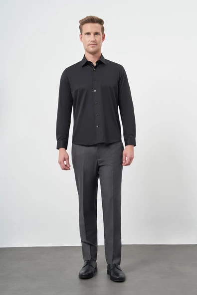 Siyah Uzun Kol Düz Bez Ayağı Sert Yaka Cepsiz Pamuklu Classic Slim Fit Gömlek 1004245267 - Resim 2