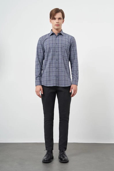 Koyu Lacivert Uzun Kol Ekose Desen Cepli Pamuklu Classic Comfort Fit Gömlek 1004245212 - Resim 2