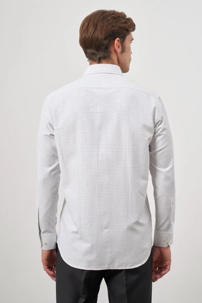 Beyaz Uzun Kol Kareli Desen Bez Ayağı Sert Yaka Cepli Pamuklu Classic Comfort Fit Gömlek 1004245158 - Resim 7