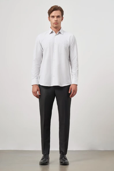 Beyaz Uzun Kol Kareli Desen Bez Ayağı Sert Yaka Cepli Pamuklu Classic Comfort Fit Gömlek 1004245158 - Resim 2