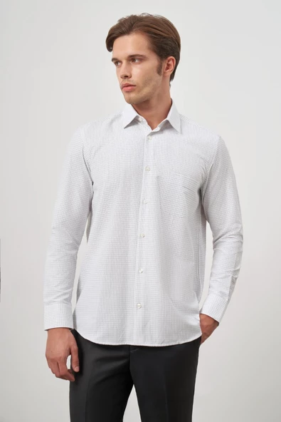Beyaz Uzun Kol Kareli Desen Bez Ayağı Sert Yaka Cepli Pamuklu Classic Comfort Fit Gömlek 1004245158 - Resim 3