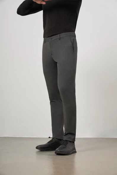 Koyu Antrasit Esnek Yandan Cepli Casual Slim Fit Chino Pantolon 1003245105 - Resim 3