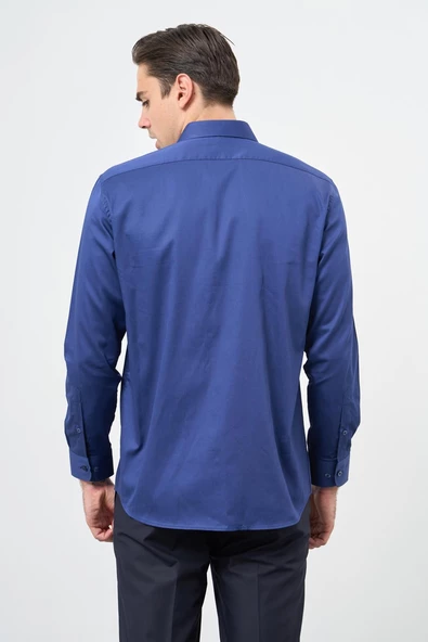 Lacivert Uzun Kol Düz Bez Ayağı 041 Sert Yaka Classic Comfort Fit Gömlek 1004245323 - 5