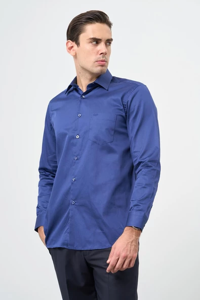 Lacivert Uzun Kol Düz Bez Ayağı 041 Sert Yaka Classic Comfort Fit Gömlek 1004245323 - 2