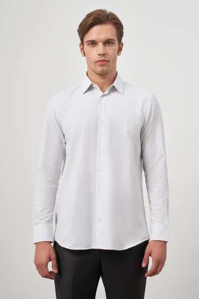 Beyaz Uzun Kol Kareli Desen Bez Ayağı Sert Yaka Cepli Pamuklu Classic Comfort Fit Gömlek 1004245158 - Resim 4