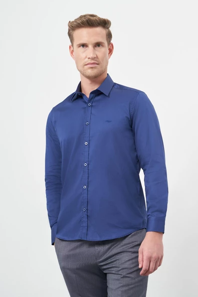 Lacivert Uzun Kol Düz Bez Ayağı 032 Sert Yaka Classic Slim Fit Gömlek 1004245324