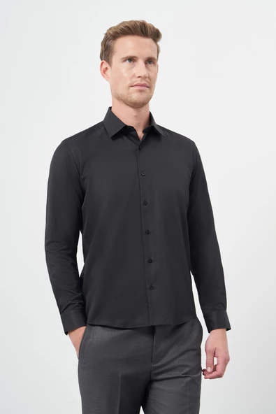 Siyah Uzun Kol Düz Bez Ayağı Sert Yaka Cepsiz Pamuklu Classic Slim Fit Gömlek 1004245267 - Resim 3