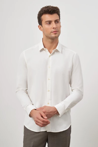 Açık Krem Uzun Kol Kendinden Desenli Armürlü 032 Sert Yaka Classic Slim Fit Gömlek 1004245152 - Resim 4