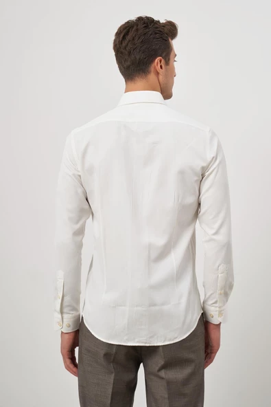 Açık Krem Uzun Kol Kendinden Desenli Armürlü 032 Sert Yaka Classic Slim Fit Gömlek 1004245152 - Resim 7
