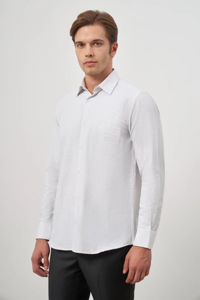 Beyaz Uzun Kol Kareli Desen Bez Ayağı Sert Yaka Cepli Pamuklu Classic Comfort Fit Gömlek 1004245158 - Resim 5