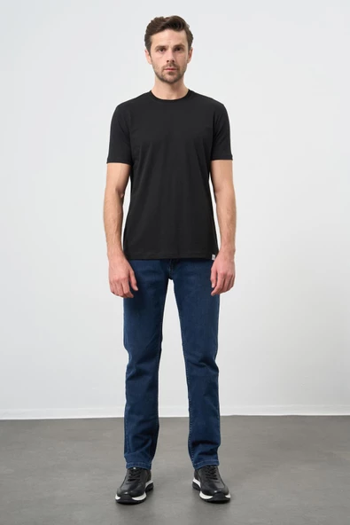 Siyah Kısa Kol Düz Bez Ayağı Bisiklet Yaka Casual Slim Fit Tişört 1011245193 - 3