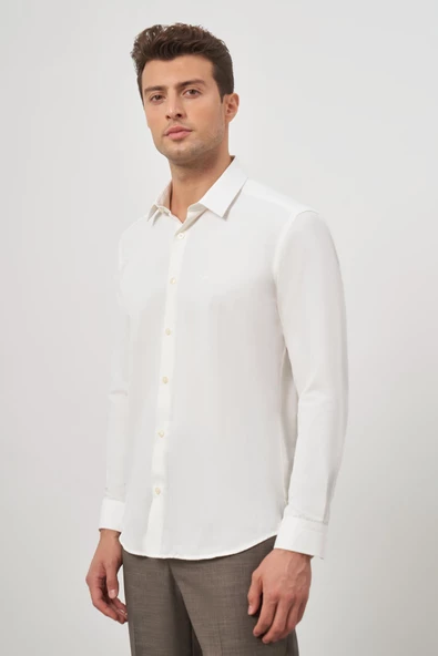 Açık Krem Uzun Kol Kendinden Desenli Armürlü 032 Sert Yaka Classic Slim Fit Gömlek 1004245152 - Resim 3