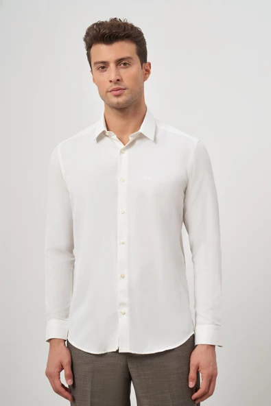 Açık Krem Uzun Kol Kendinden Desenli Armürlü 032 Sert Yaka Classic Slim Fit Gömlek 1004245152