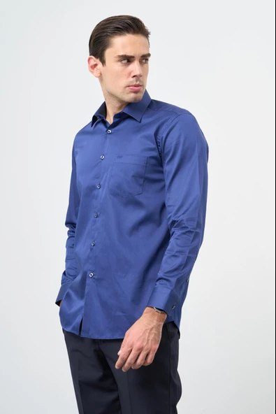 Lacivert Uzun Kol Düz Bez Ayağı 041 Sert Yaka Classic Comfort Fit Gömlek 1004245323