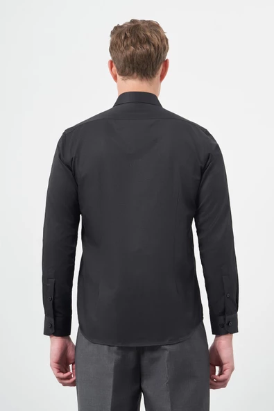 Siyah Uzun Kol Düz Bez Ayağı Sert Yaka Cepsiz Pamuklu Classic Slim Fit Gömlek 1004245267 - Resim 5