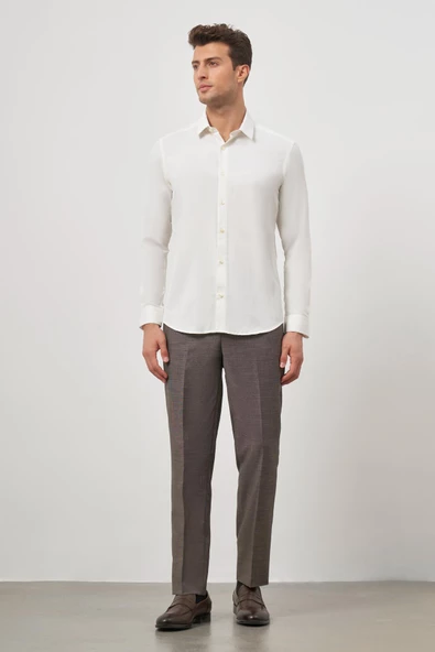 Açık Krem Uzun Kol Kendinden Desenli Armürlü 032 Sert Yaka Classic Slim Fit Gömlek 1004245152 - Resim 2