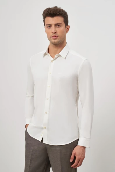 Açık Krem Uzun Kol Kendinden Desenli Armürlü 032 Sert Yaka Classic Slim Fit Gömlek 1004245152 - Resim 5