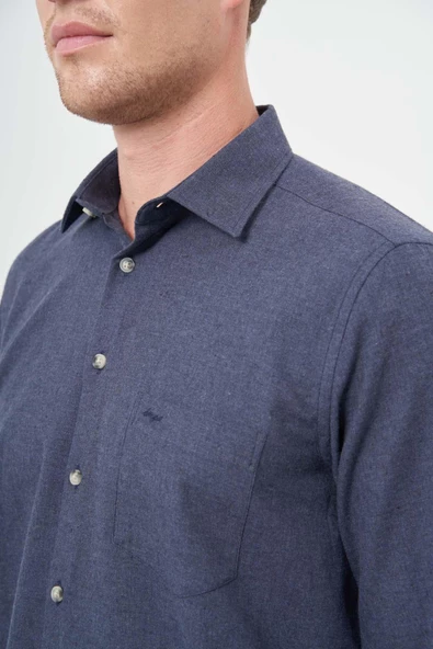 Koyu Lacivert Uzun Kol Düz Gabardin Sert Yaka Cepli Pamuklu Classic Comfort Fit Gömlek 1004245168 - Resim 4