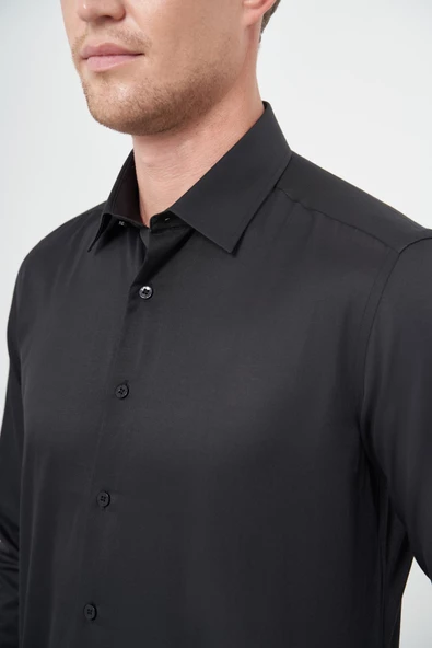 Siyah Uzun Kol Düz Bez Ayağı Sert Yaka Cepsiz Pamuklu Classic Slim Fit Gömlek 1004245267 - Resim 4
