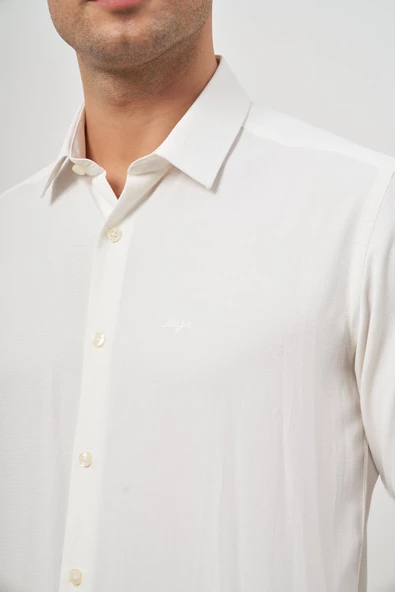 Açık Krem Uzun Kol Kendinden Desenli Armürlü 032 Sert Yaka Classic Slim Fit Gömlek 1004245152 - Resim 6