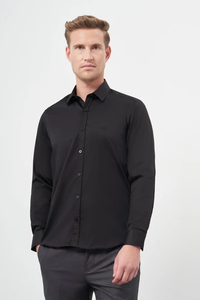 Siyah Uzun Kol Düz Bez Ayağı 032 Sert Yaka Classic Slim Fit Gömlek 1004245324
