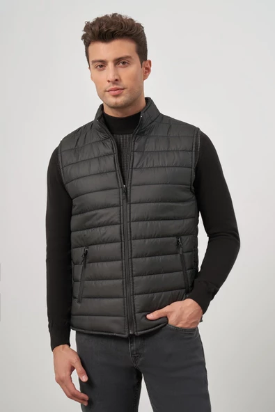 Siyah Kapitone Dik Yaka Düz Garnisiz-Biyesiz Slim Fit Yelek 1009245150 - 4