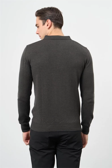 Koyu Antrasit Uzun Kol Düz Örme Polo Yaka Classic Comfort Fit Triko 1012245007 - 4