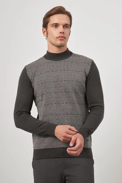 Koyu Antrasit Uzun Kol Kendinden Örme Yarım Balıkçı Yaka Classic Comfort Fit Triko 1012245152 - 4