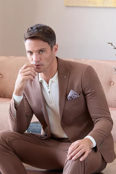 Taba Çizgili Mono Yaka Astarlı 6 Drop Slim Fit Dar Kesim Takım Elbise 1001245106 - 2