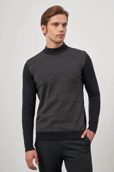 Koyu Lacivert Uzun Kol Kendinden Örme Yarım Balıkçı Yaka Classic Comfort Fit Triko 1012245152