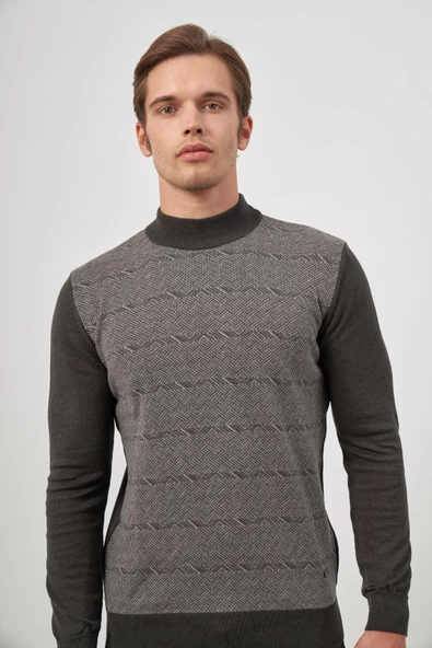 Koyu Antrasit Uzun Kol Kendinden Örme Yarım Balıkçı Yaka Classic Comfort Fit Triko 1012245152 - 3