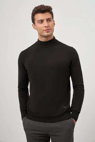 Siyah Uzun Kol Düz Örme Yarım Balıkçı Yaka Classic Comfort Fit Triko 1012245001 - Resim 3