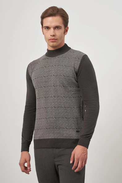 Koyu Antrasit Uzun Kol Kendinden Örme Yarım Balıkçı Yaka Classic Comfort Fit Triko 1012245152