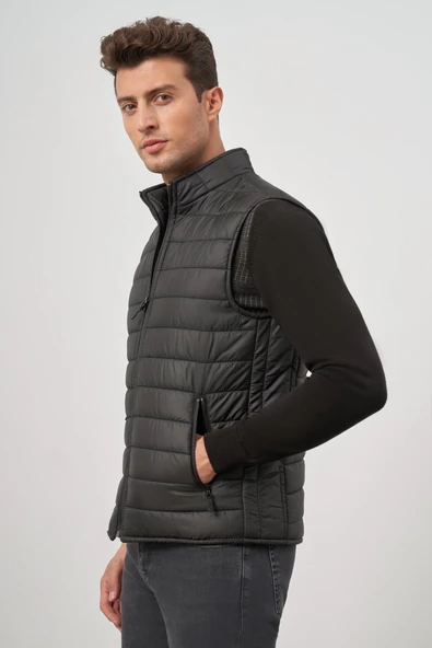 Siyah Kapitone Dik Yaka Düz Garnisiz-Biyesiz Slim Fit Yelek 1009245150 - 3