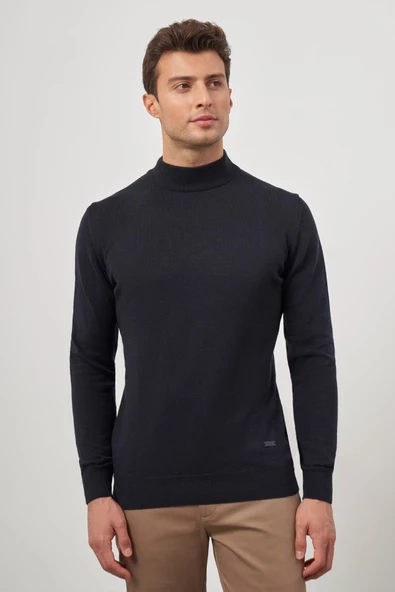 Koyu Lacivert Uzun Kol Düz Örme Yarım Balıkçı Yaka Classic Comfort Fit Triko 1012245001
