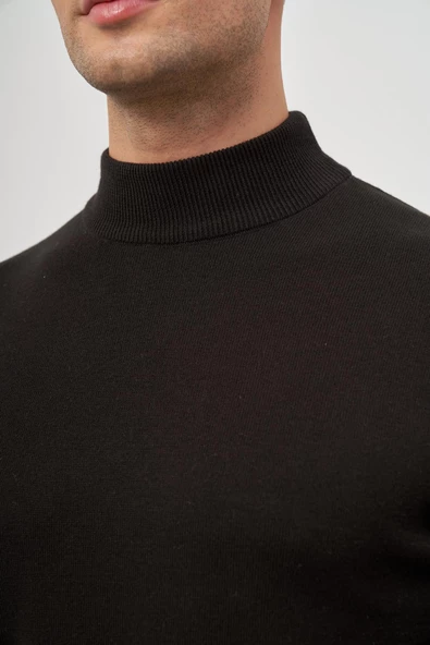 Siyah Uzun Kol Düz Örme Yarım Balıkçı Yaka Classic Comfort Fit Triko 1012245001 - Resim 6