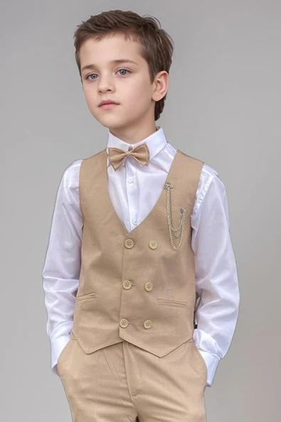 Erkek Çocuk Cepken Yelekli Camel Takım Elbise 10-14 Yaş - 3