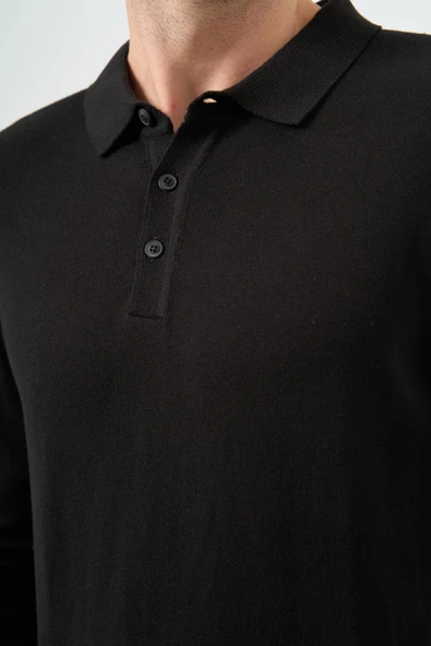 Siyah Uzun Kol Düz Örme Polo Yaka Classic Comfort Fit Triko 1012245007 - 6