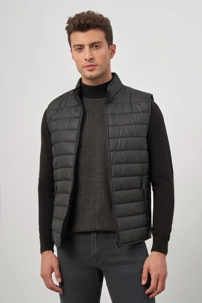 Siyah Kapitone Dik Yaka Düz Garnisiz-Biyesiz Slim Fit Yelek 1009245150 - 5