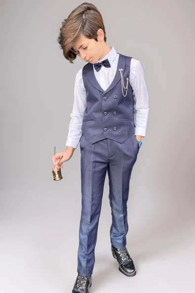 Erkek Çocuk Cepken Yelekli Şal Yaka Lacivert Takım Elbise 5-9 Yaş - Resim 2