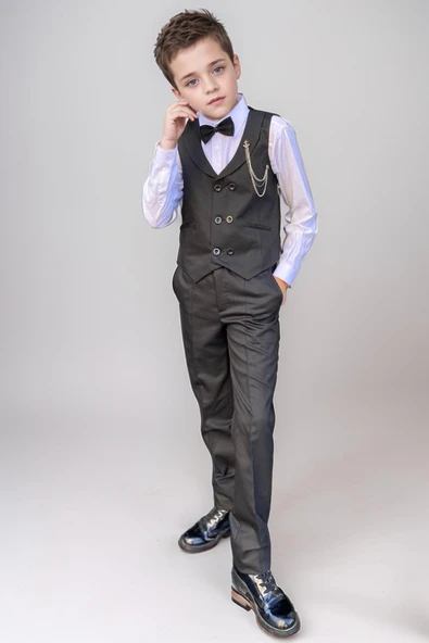 Erkek Çocuk Cepken Yelekli Şal Yaka Siyah Takım Elbise 10-16 Yaş ürün görseli