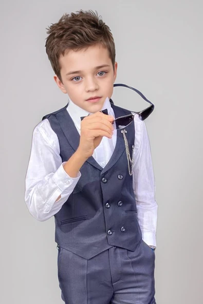 Erkek Çocuk Cepken Yelekli Şal Yaka Lacivert Takım Elbise 5-9 Yaş - Resim 3