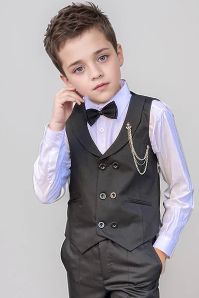 Erkek Çocuk Cepken Yelekli Şal Yaka Siyah Takım Elbise 10-16 Yaş - Resim 3